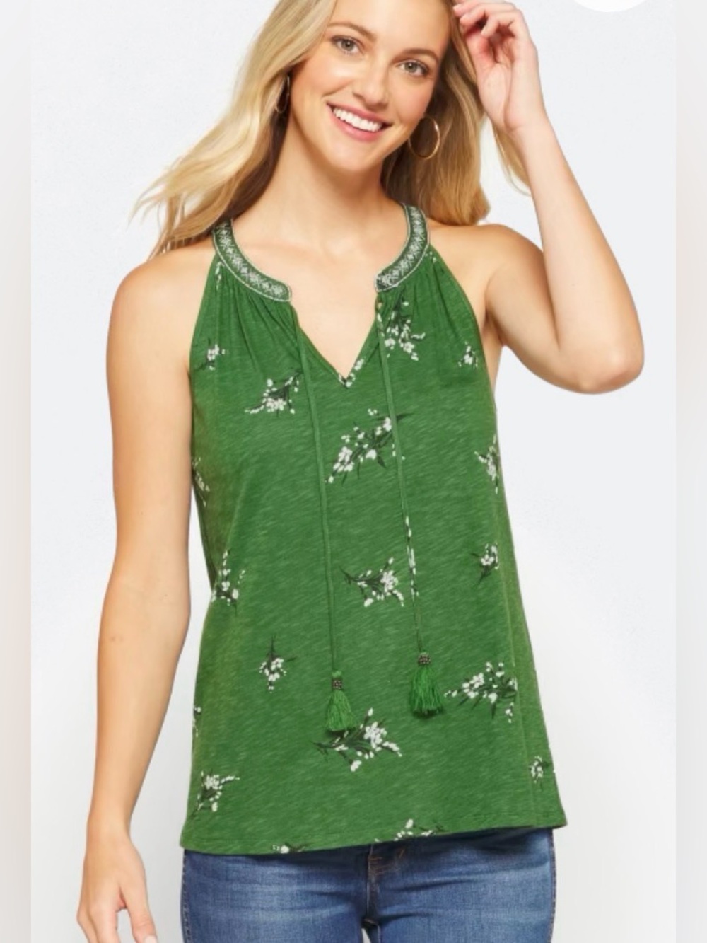 Daniel Rainn Green Embroidered Halter Camisole with Tassel